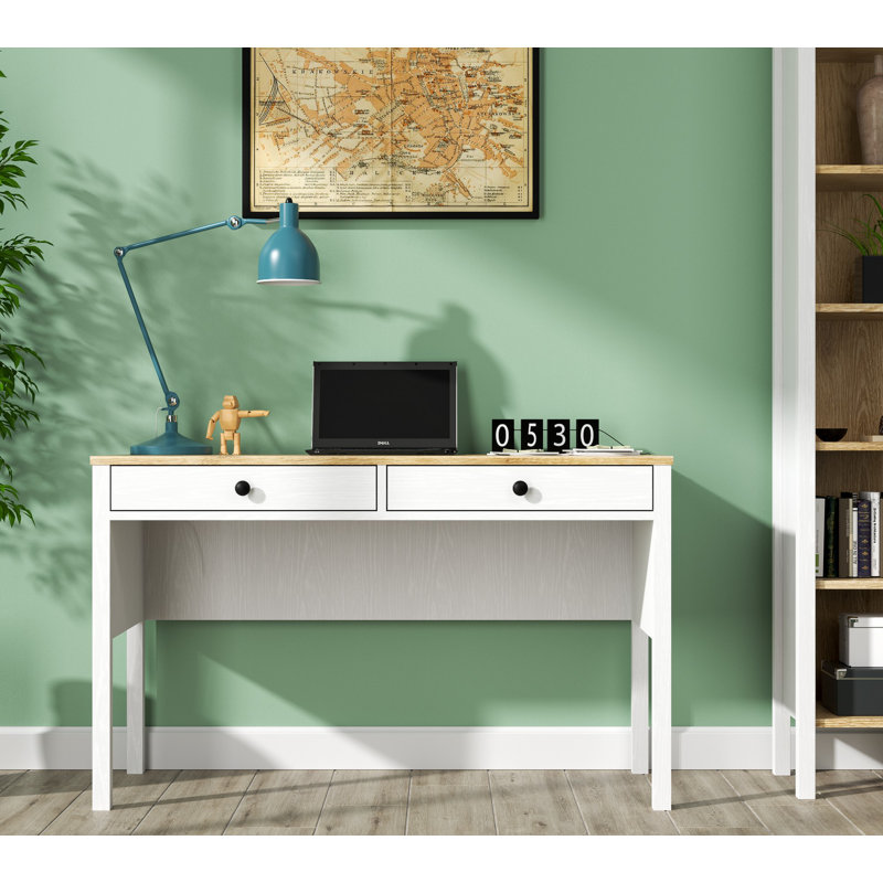 Modern Study Desk with Shelves, White & Wood Finish, 47.2 x 28.7 x 23.6 inches | 100% Melamine Coated Particle Board, 0.7 inch Thickness | MDF Legs, Metal Handles, Wall-Mountable, Stylish & Functional Design