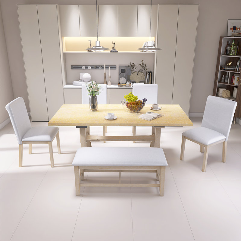 Ensemble de table de salle à manger extensible 6 pièces Farmhouse, Naturel / Beige