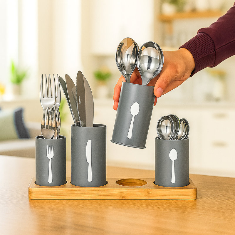 Metal Round Utensil Storage Set, Grey