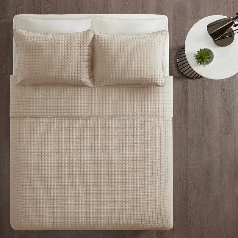 Literie de courtepointe réversible kaki grand 3 pièces - trait, élément à carreaux carrés, rembourrage en tissu lavable à la machine, qualité, tissu
