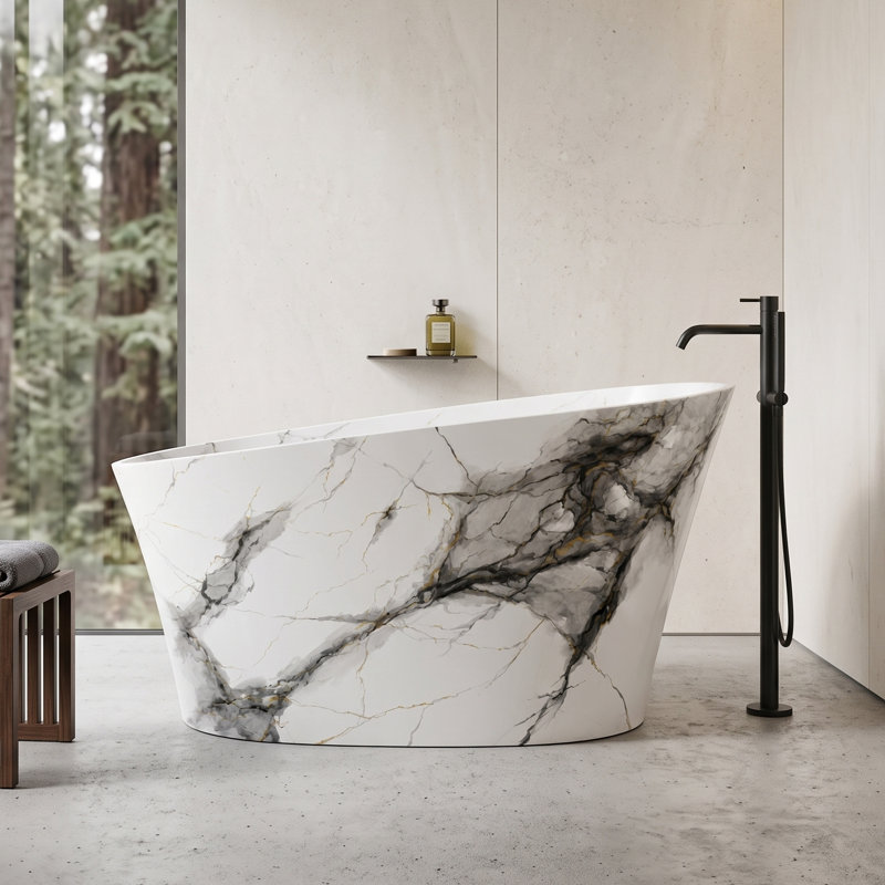 Baignoire 51 po en résine de pierre mate - Motif Calacatta à veines dorées avec siège intégré