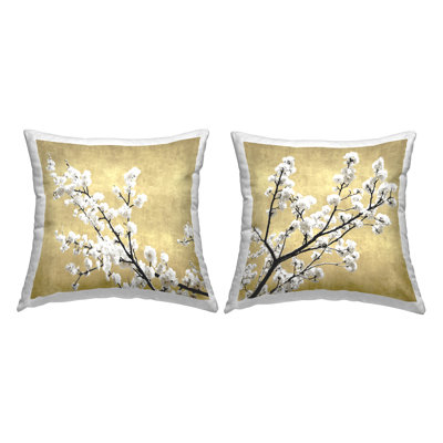 White Cherry Blossom Branches Neutral Tan Decorative Printed 2 Piece Throw Pillow by Kate Bennett