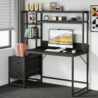 Bureau d'ordinateur de 60 po de hauteur avec huche - Table d'écriture avec 2 tiroirs et tablettes de rangement