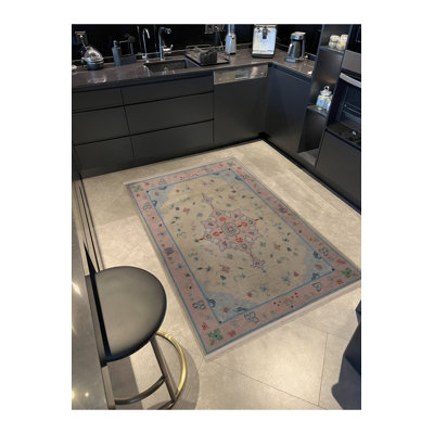 Beige Themed Motif Ethnic Floral Patterned Creative Vintage Decorative Machine Washable Rug