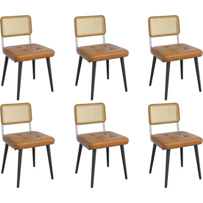 Ensemble de 6 chaises de salle à manger en rotin, chaises de salle à manger rembourrées avec siège en cuir PU et dossier en rotin, chaises d'appoint sans accoudoirs pour la cuisine, le salon et le restaurant