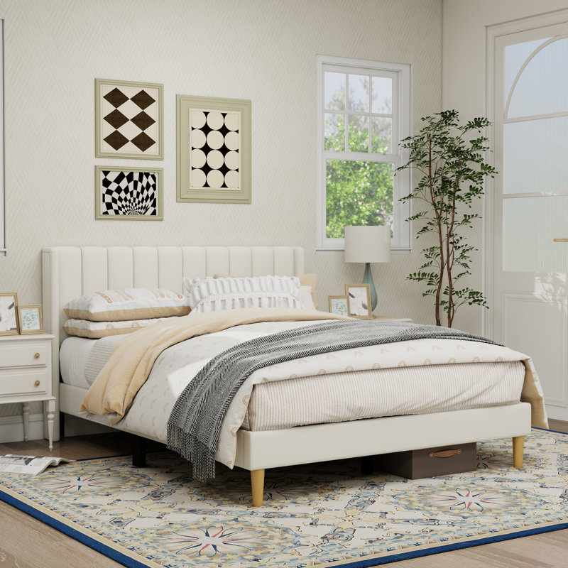 Structure de lit plateforme tapissier, Beige, Grand