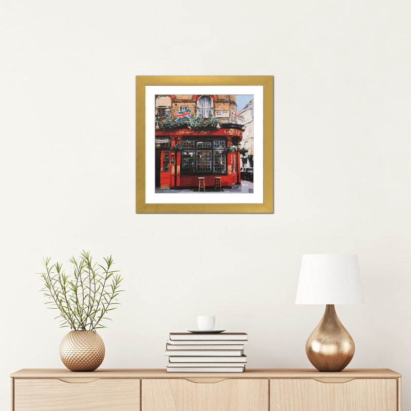 UK Golden pub - reproduction d'art murale - papier d'art encadré, 16" x 16", Papier encadré, Gold