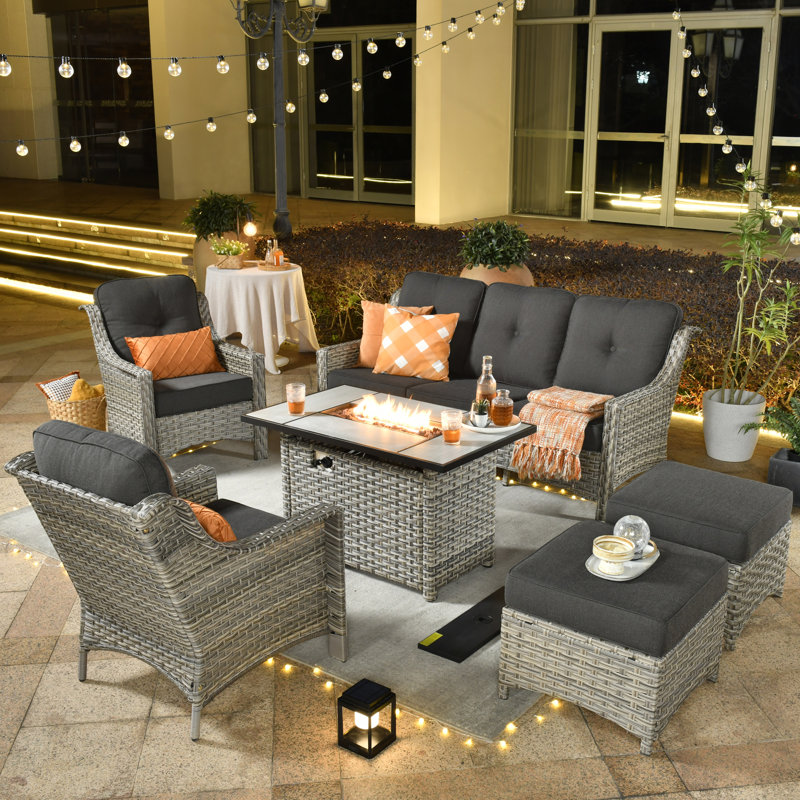 Kluge Wicker 7 - Person Patio Conversation Set with Cushions, Black