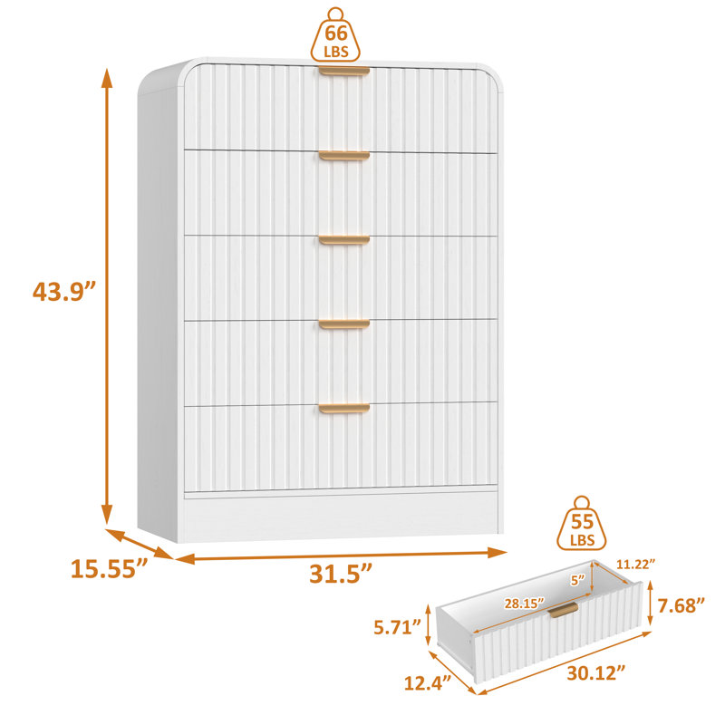 Fluted 5-Drawers Dresser Organizer with Curved Edges Design for Bedroom, White