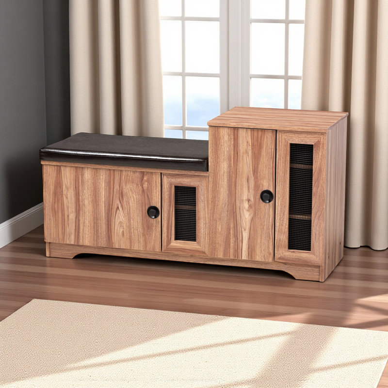 Solstice 2-Door Shoe Storage Bench in Dark Brown Faux Leather, 24.24" H X 47.87" W X 16.04" D