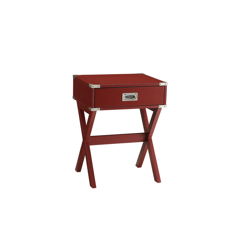 Table d'appoint Babs à finition rouge - table d'appoint carrée moderne avec tiroir de rangement, table de bout en X pour salon et chambre à coucher