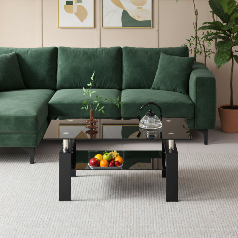 Table basse à double couche en verre trempé noir avec motif en cascade. Forme carrée pour un nettoyage facile. Convient à divers réglages. Comprend une trousse d'assemblage et des outils pour une installation simple.
