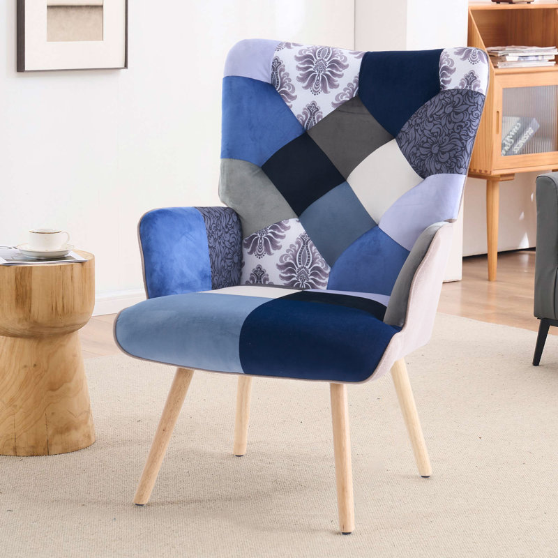 Heidegard Floral Accent Chair Modern High Back Arm Chair, Colorful Patchwork Reading Chairs for Bedroom, Blue Polyester Blend