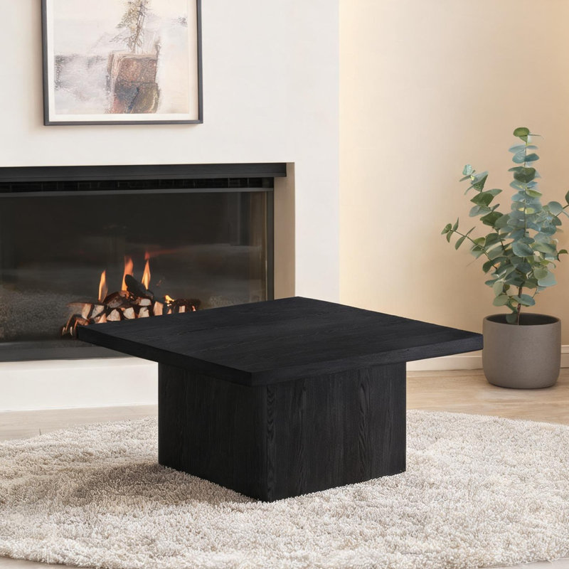 Table basse en bois d'ingénierie noir profond avec piédestal carré épais, surface carrée de 35,5 pouces