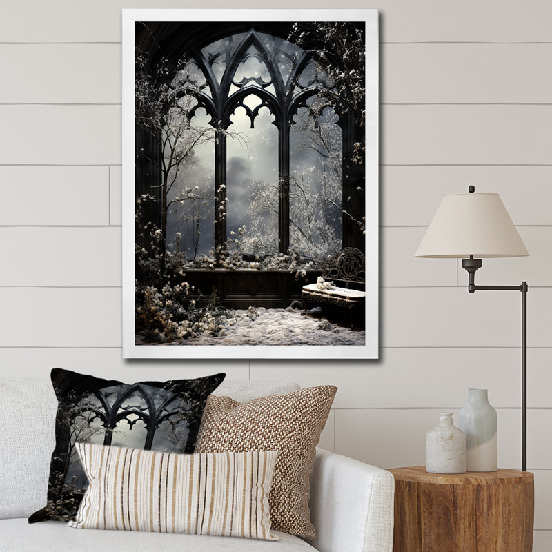 «Midnight Gothic Winter Window View III - Winter Landscape», art mural, H 44 po x l 34 po x P 1,5 po, Cadre simple blanc