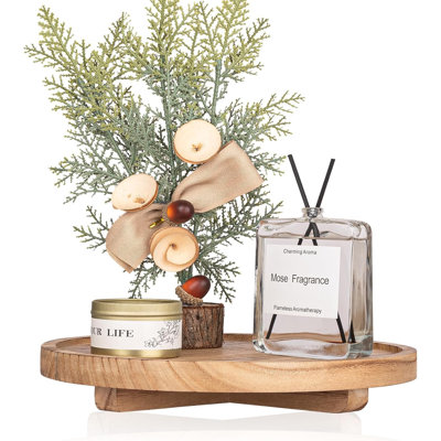 Round Wooden Tray For Bathroom And Kitchen Countertop Organizer - Handmade Farmhouse Decor With Water-Resistant Finish, Perfect For Soap, Perfume, Candles, And Sponges