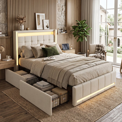 UK & EU Linen Upholstered Bed Frame with 360° RGB LED & USB Type-C, Underbed Storage Drawers, Single, Double & King, Grey & Beige