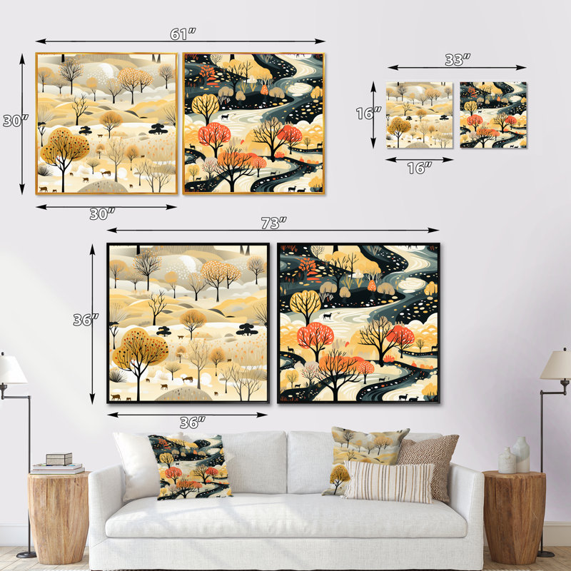 Beige et crème Safari Adventure Tree Landscape, Cadre flottant doré, H 36 po x l 73 po