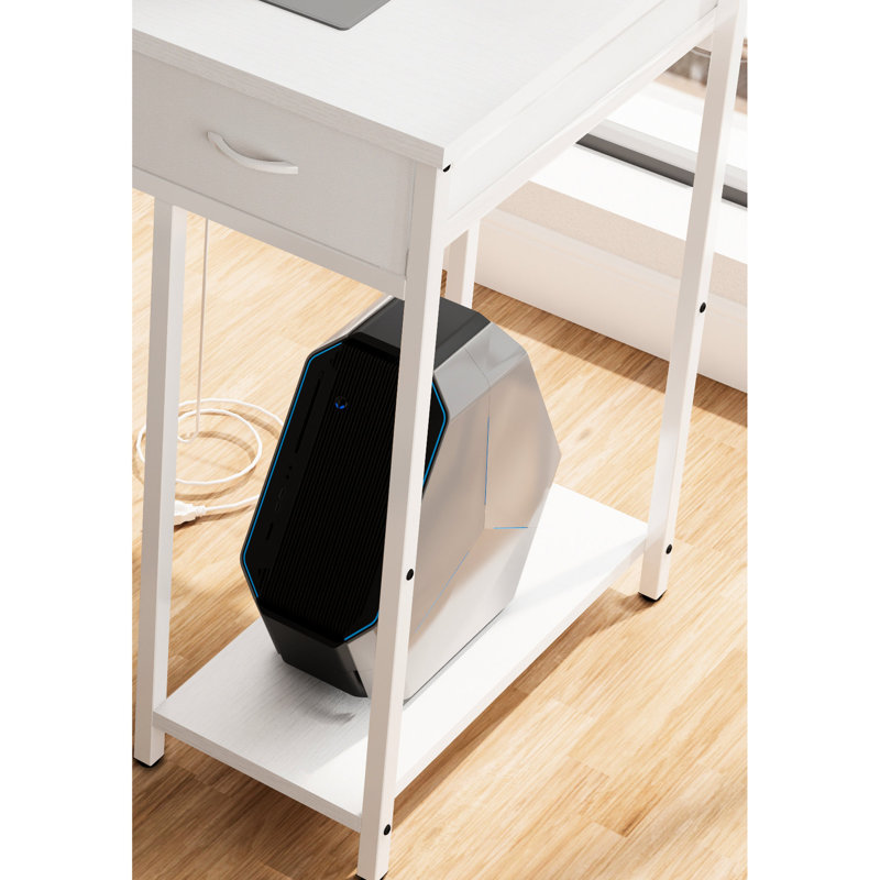 Bureau d'ordinateur 47 po avec 7 tiroirs en tissu et une prise de courant, blanc moderne pour tiroirs de jeux vidéo rectangulaires