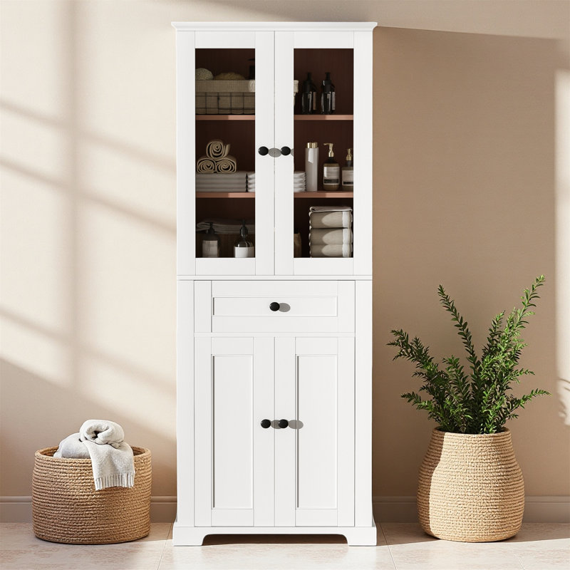 Tall Bathroom Storage Cabinet With Tempered Glass Doors – Modern Freestanding Linen Tower With Adjustable Shelves & Drawer, Soft-Close Design