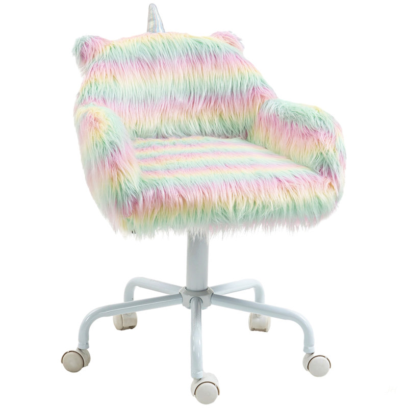 Fluffy Unicorn Office Chair With Mid-Back And Armrest Support, 5 Star Swivel Wheel White Base