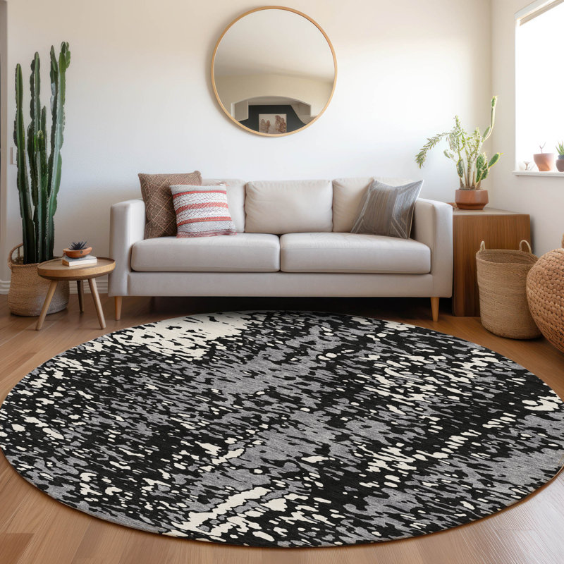 Premium Machine Washable Prisco Black Rug, Round 8'