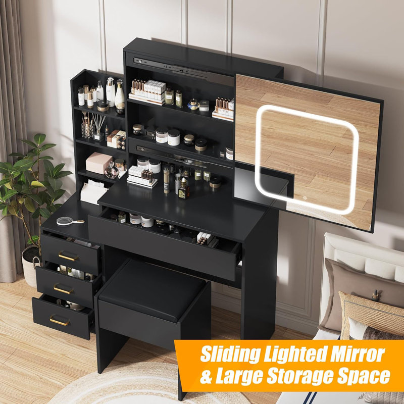 Vanity Desk with Mirror and LED Lights, Makeup Vanity Desk with Sliding Lighted Mirror, Dressing Table Set with Stool & 4 Drawers, Storage Shelves