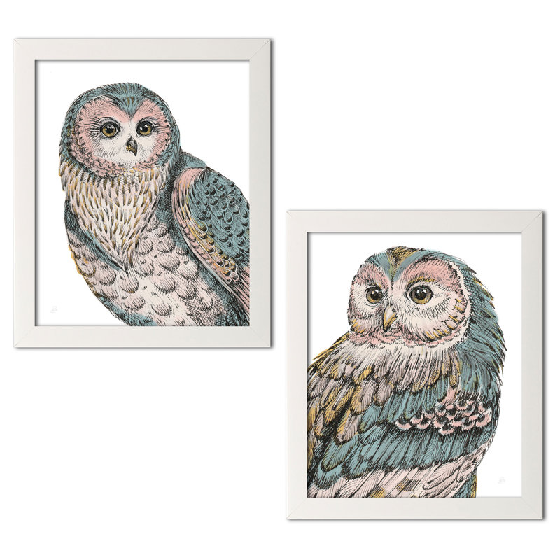 Ensemble d’impression 2 pièces « belle owls i & iv pastel », Papier avec cadre blanc, H 14 po x l 11 po x P 0,75 po