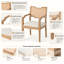 Ensemble de 2 chaises de salle à manger avec accoudoirs à dossier en canne, sièges ergonomiques rembourrés, structure en bois d'hévéa massif pour une utilisation quotidienne dans la cuisine et la salle à manger