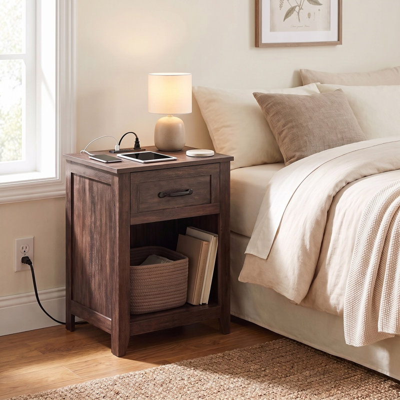 Allenside 18'' W Nightstand with Charging Station, Honey Brown, Individual