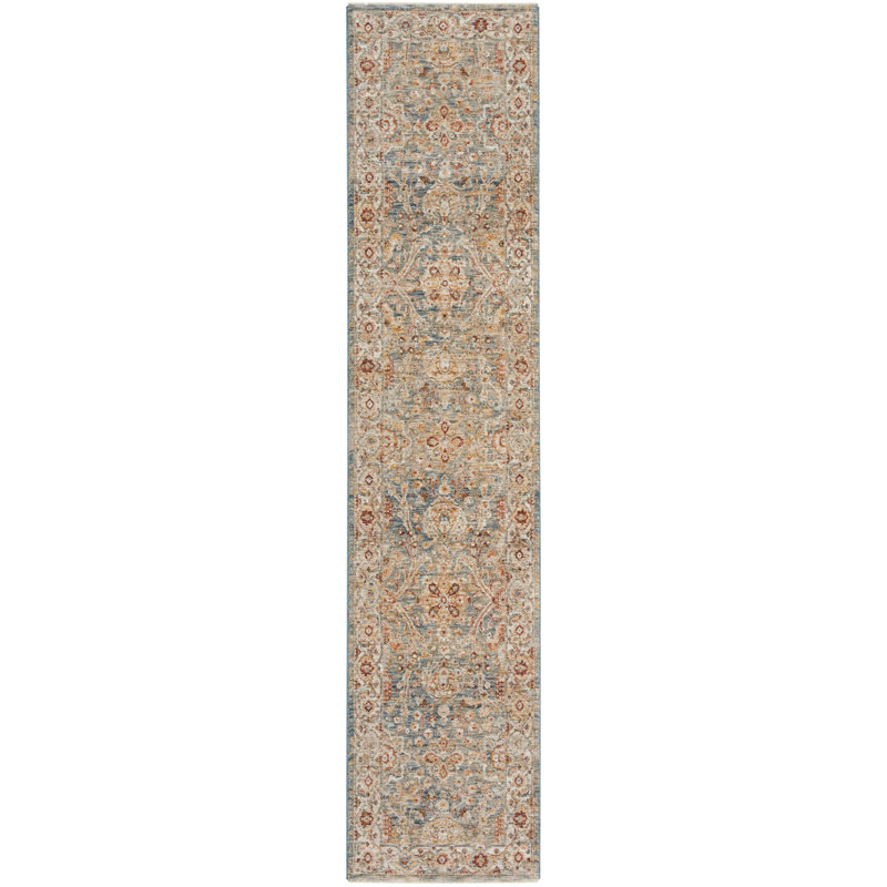 Tapis bleu à bordure Sahar, Rectangle 2 pi 3 po x 10 pi 2 po