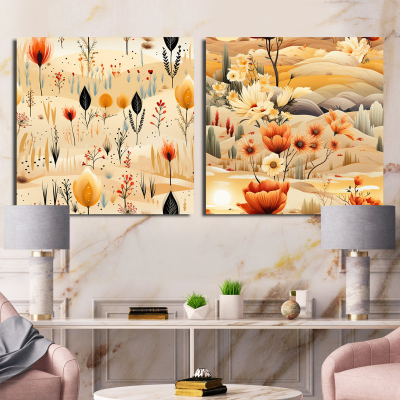 Aubepine - Ensemble de 2 collages carrés botaniques abstraits, Toile tendue, H 30 po x l 61 po