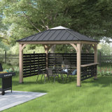 Sunjoy Wood Gazebo 11 x 11 ft. Hardtop Gazebo Cedar Wood Framed Hot Tub Gazebo with Steel and Polycarbonate Hardtop and bar Shelf