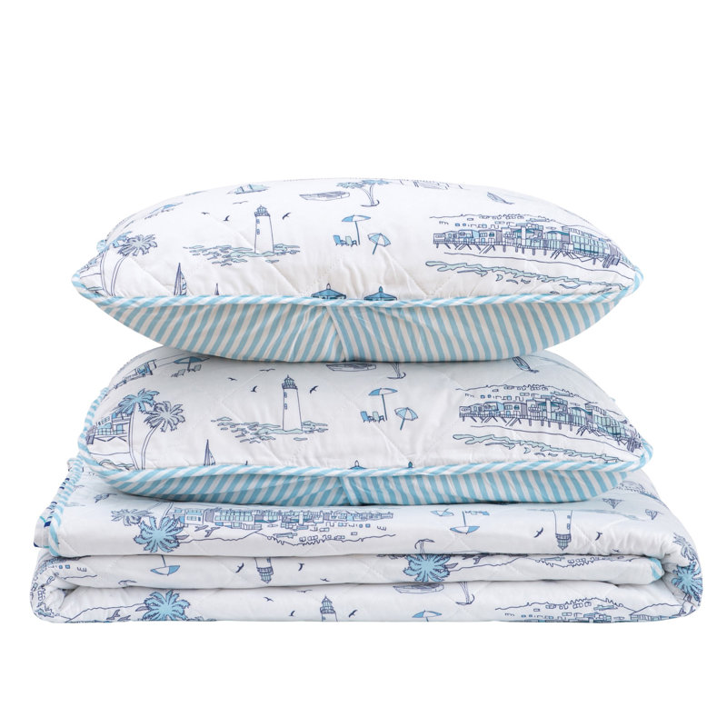 Twin Blue Coastal Reversible Microfiber Quilt Set