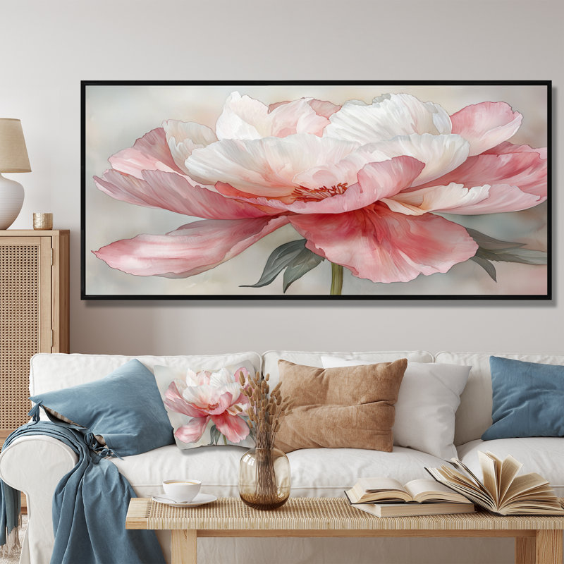 «Soft Blush Peony Symphony», art mural coquelicots pour le salon, H 28 po x l 60 po, Cadre flottant noir