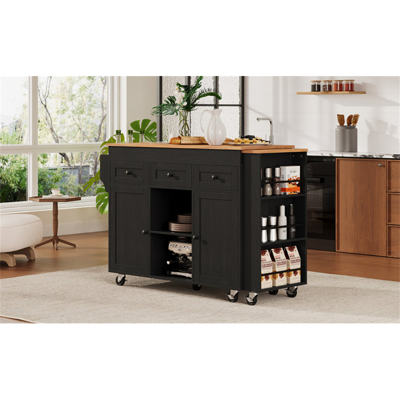 85.5" Kitchen Island With Extendable Dining Table, Black