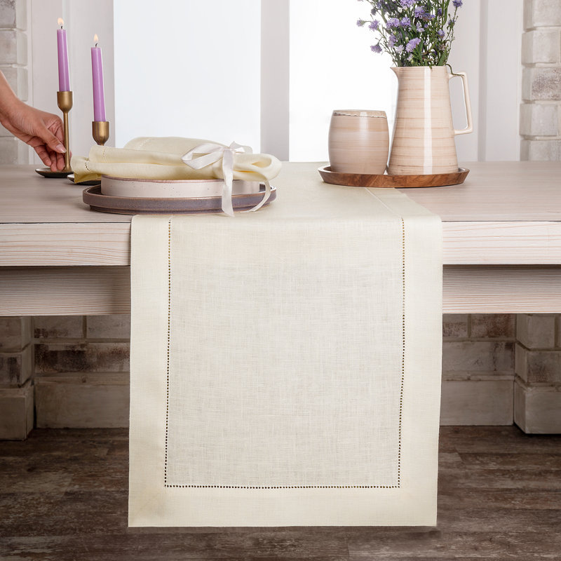 D'Moksha Homes Classic Hemstitch Linen Table Runner, 108"L x 14"D, Ivory