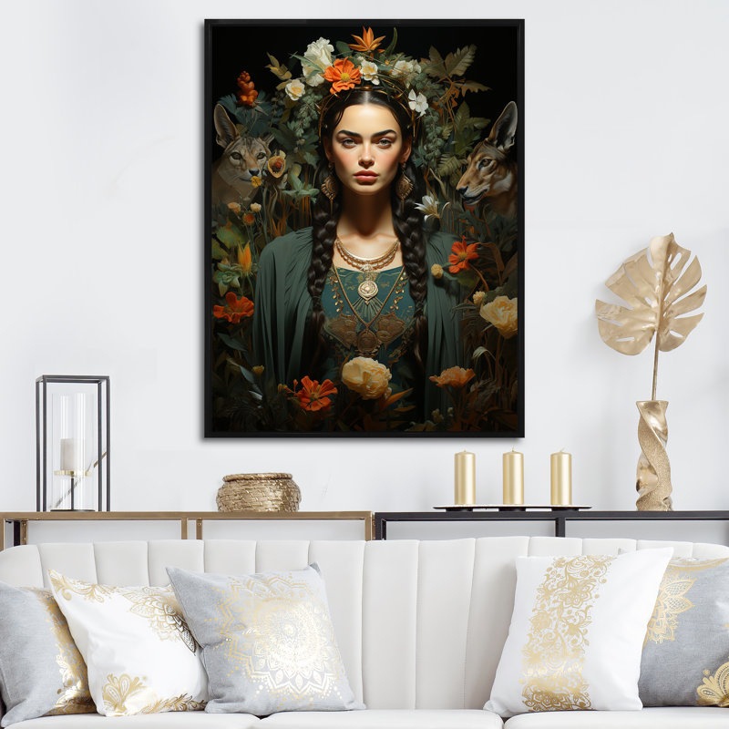 Portrait de muse verte mexicaine I, Cadre simple noir, H 44 po x l 34 po x P 1,5 po