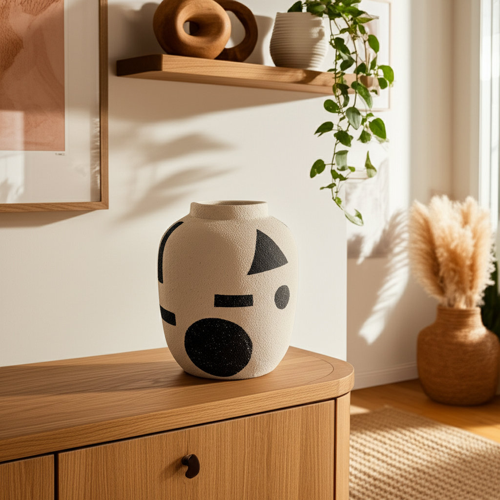 Forras Boho Stoneware Decorative Vase - 6" Ivory & Black Ceramic Tabletop Accent for Home, Office, Bedroom, or Living Room Decor Wrought Studio™