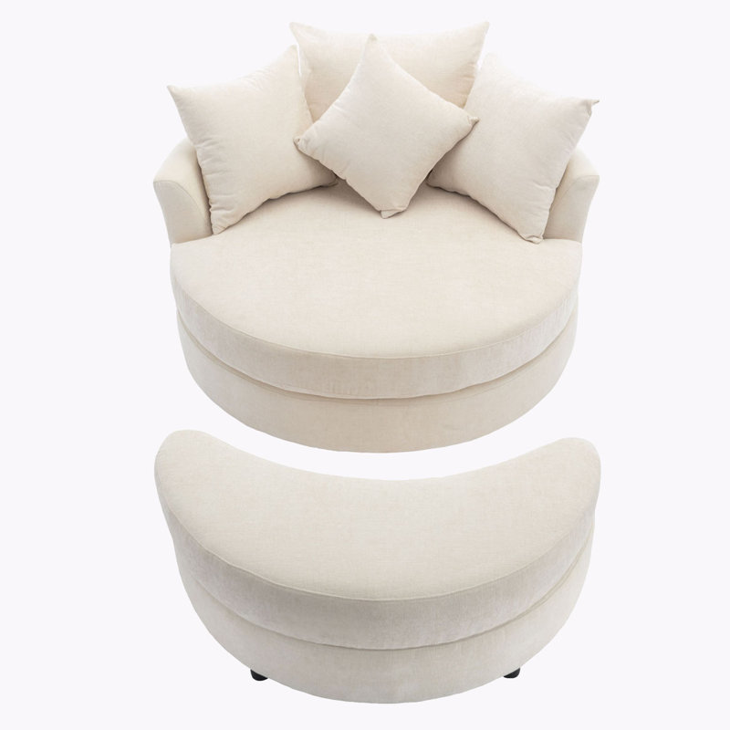 Edene 360° Swivel Accent Barrel Chair,bedroom chair with Storage Ottoman & 4 Pillows, Cream Chenille