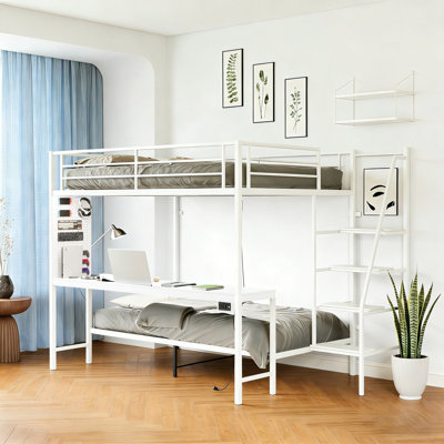 White full size bunk bed with twin size, LED light and charging socket