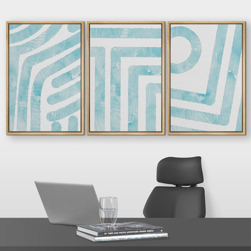 Ensemble de 3 motifs géométriques sur fond bleu sarcelle et blanc délavé, collage Mid-Century moderne sur toile