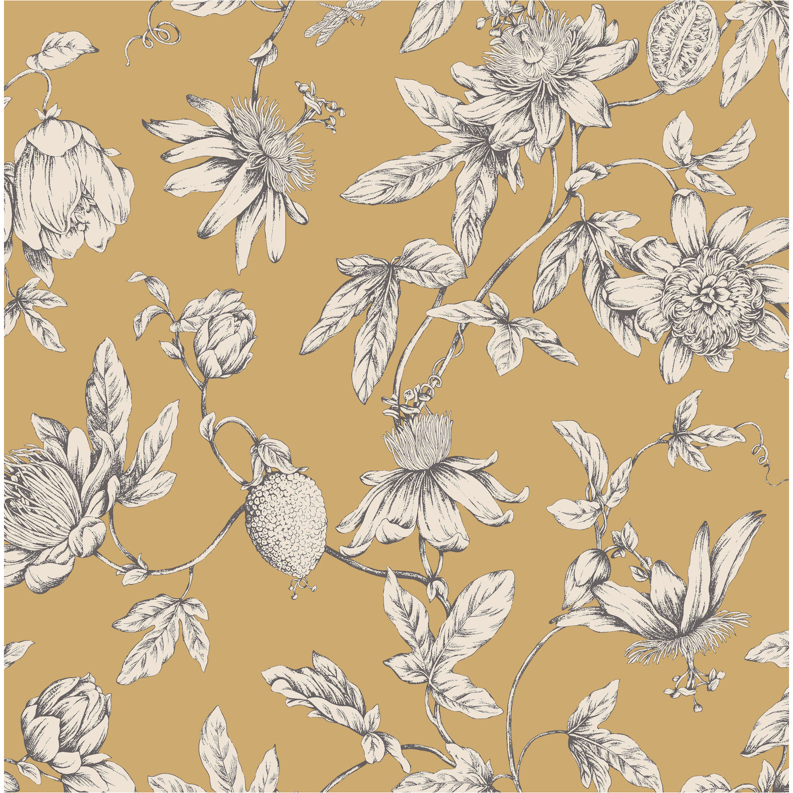 Passion Flower Toile Floral Wallpaper, Harvest