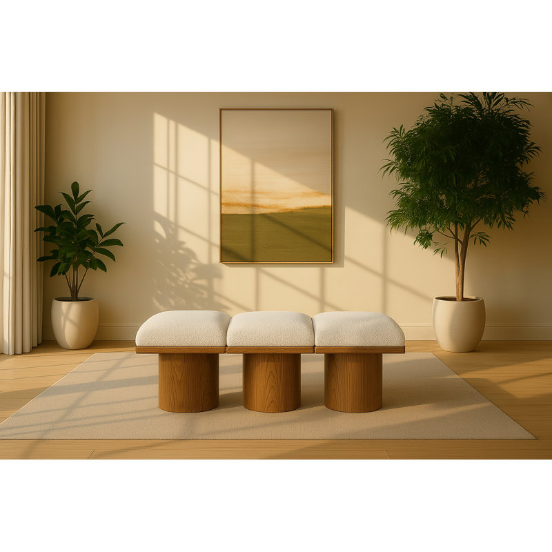 Banc rembourré Husnan, H 17,5 po x l 54 po x P 15,5 po, Tissu crème bouclé, Noyer brun