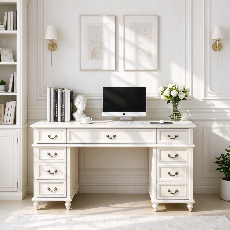 Bureau d'écriture blanc en bois massif avec 9 tiroirs, 30.7" H x 47.2" W x 20.47" D