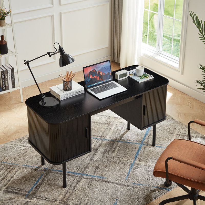 Bureau d'ordinateur de 55 po avec 2 armoires de rangement, bureau de direction Mid-Century avec station de charge, grand bureau moderne avec pieds en métal réglables
