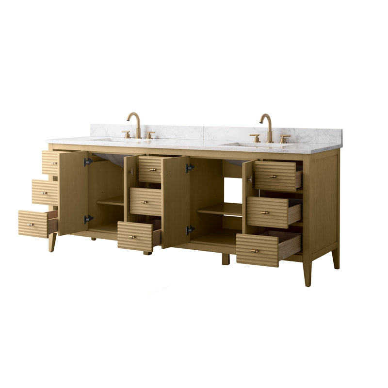 Ensemble de meuble-lavabo autoportant à double cuve 84 po avec plateau en marbre Lavallon, Chêne linéaire linéaire