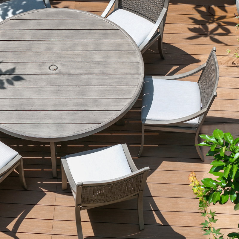 Patio Round Aluminum Dining Set With Umbrella Hole And Cushions For 6 Person