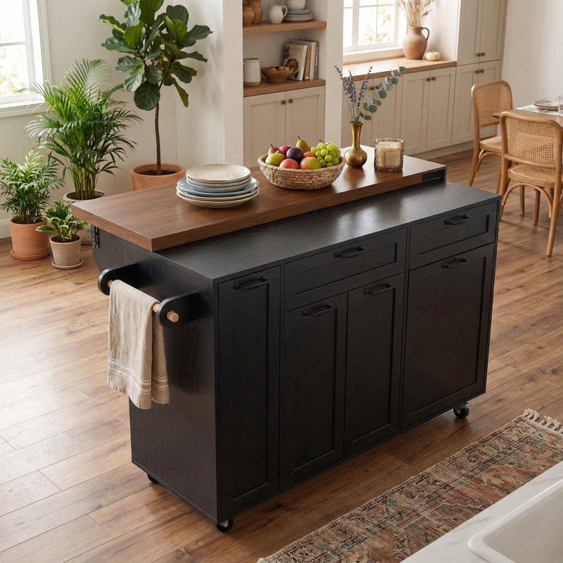 102.3" Modern Kitchen Island With Rotatable Extending Dining Table, Storage Kitchen Islands, Ash Black