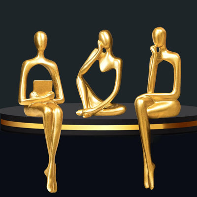Set of 3 Thinker Sculptures Office Decor Modern Abstract Resin Decoration, Home Decor Thinker Statue Accents on Shelf Table Desk for Living Room Office Bedroom (Large Gold)